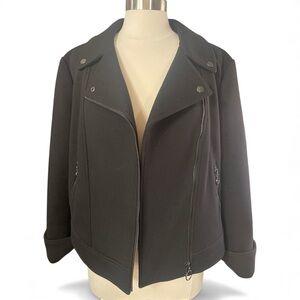 Ann Taylor black knit moto jacket, asymmetrical zip structured stretch cotton